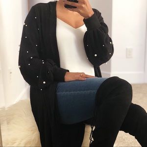 Pearl Beading Balloon Sleeve Cardigan